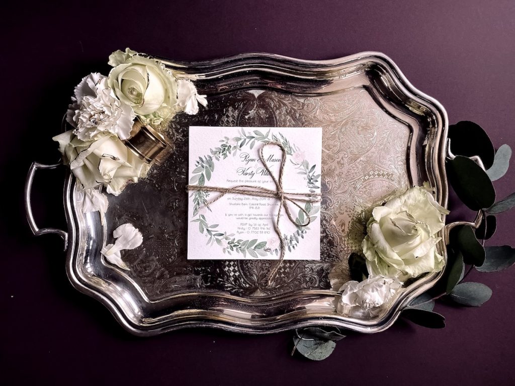 Eucalyptus and White roses evening wedding invitations